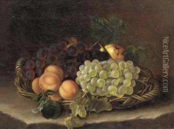 Still Life Of Grapes, Peaches And An Apple In A Wicker Basket Oil Painting - William Hammer