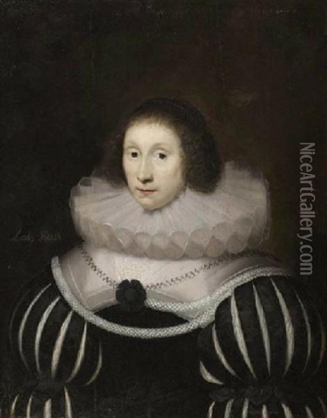 Portrait Of Margaret, Lady Heath, Wife Of Sir Robert Heath, In A Black Dress With Slashed Sleeves And A White Ruff, With A Rope Of Pearls Oil Painting - Cornelis Jonson Van Ceulen