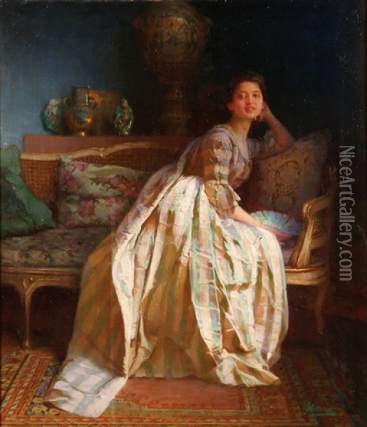 A Young Beauty Wearing A Silk Dress In An Interior Oil Painting - Viktor Schramm