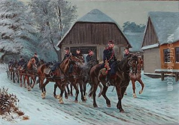 Danish Soldiers On Horseback, Winter Time Oil Painting - Karl Frederik Christian Hansen-Reistrup