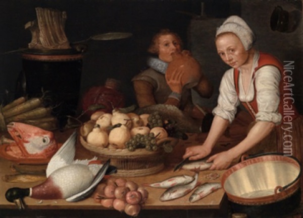 Groses Kuchenstillleben Mit Einer Magd Und Einem Kavalier Oil Painting - Pieter Cornelisz van Rijck