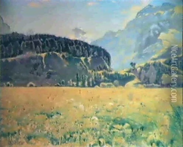 Landschaft Bei Interlaken, Mit Blick Auf Monch Und Jungfrau - Sommerlandschaft Bei Interlaken Oil Painting - Ferdinand Hodler