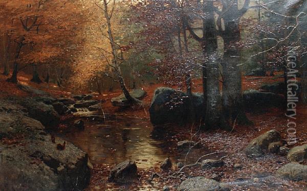 A Woodland Stream Oil Painting - Konrad Mueller-Kuerzwelly