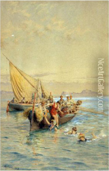 Marina Con Sfondo Di Capri Oil Painting - Eduardo Matania