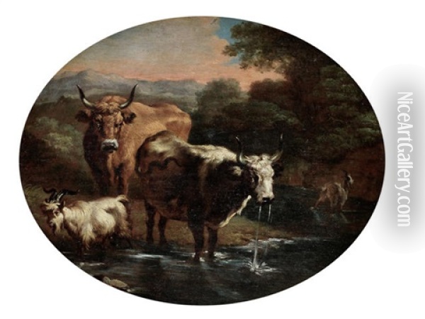 Cattle And Goats Drinking At A Stream Oil Painting - Johann Heinrich Roos