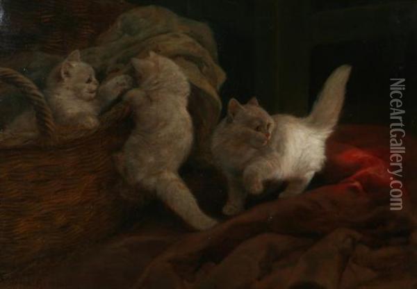 Three White Kittens Playing Near A Basket Oil Painting - Arthur Heyer