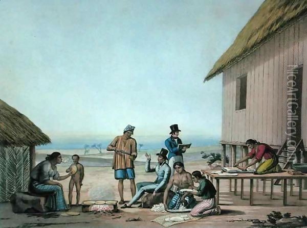 Agagna, Guam Domestic Activities, from 'Voyage Autour du Monde sur les Corvettes de L'Uranie 1817-20' Oil Painting - Jacques Etienne Victor Arago