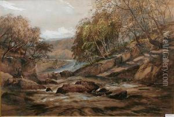 A River Fishing Scene Oil Painting - James Syer