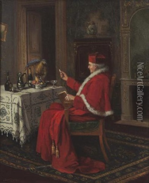 Le Cardinal Et Son Perroquet Oil Painting - Jules Benoit-Levy