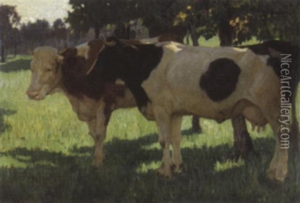 Zwei Kuhe Im Schatten Von Obstbaumen Oil Painting - Franz Jakob Elmiger