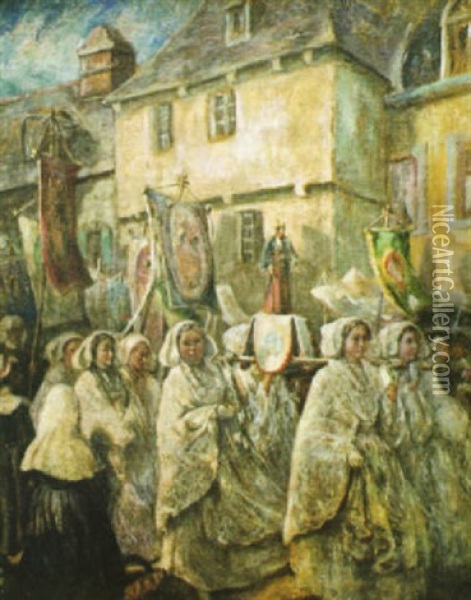 Procession Du Pardon De Ste-anne Dans La Ville Close A Concarneau Oil Painting - Benjamin James Bowen