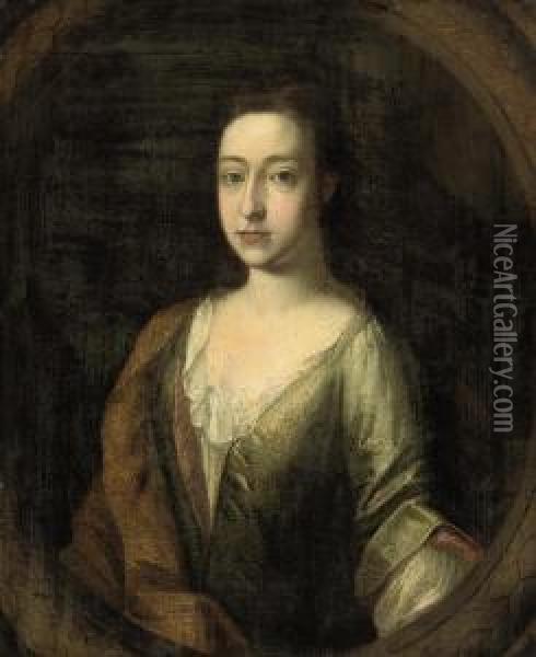 Portrait Of Margaret Frank, Lady Standish, Half-length, In A Greensilk Dress And Rust Wrap Oil Painting - Johannes or Jan Verelst