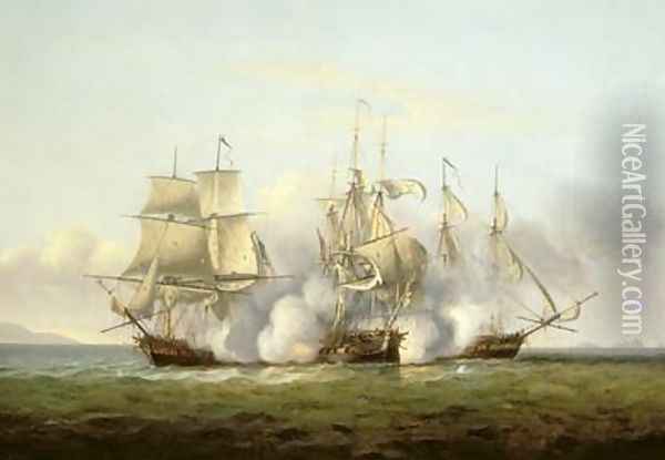 HMS Gore in Action With the French Brigs Palinure and Pilade 2 Oil Painting - Thomas Luny