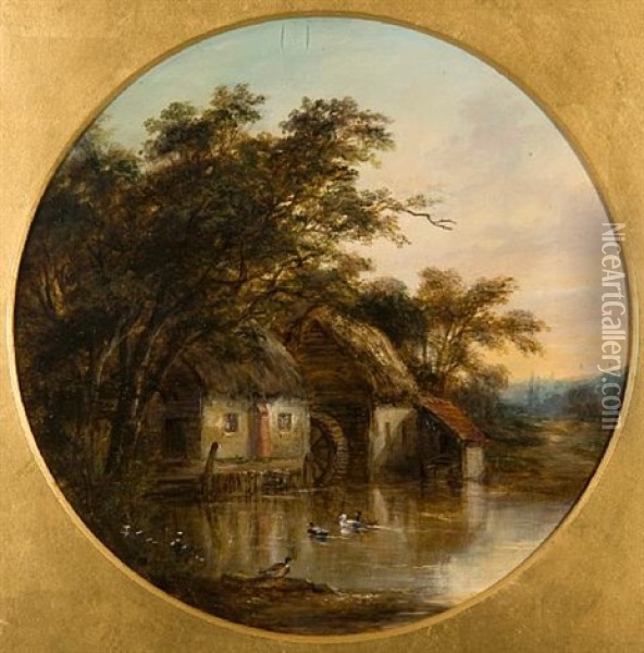 Watermill Beside The Gipping (+ Cottage Beside The Gipping; Pair) Oil Painting - Robert Burrows