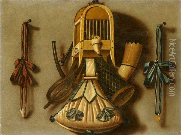 Trompe L'oeil With A Bird Cage And Hunting Equipment Oil Painting - Johannes Leemans
