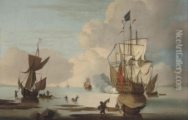 A British Warship Announcing Her Arrival At The Anchorage Oil Painting - Thomas Leemans