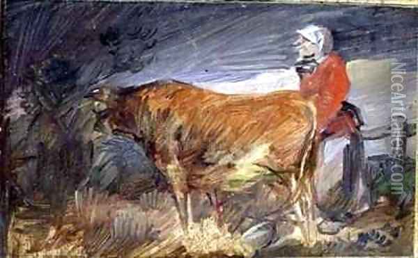 Woman and a Cow in a Landscape Oil Painting - Wilhelm Busch