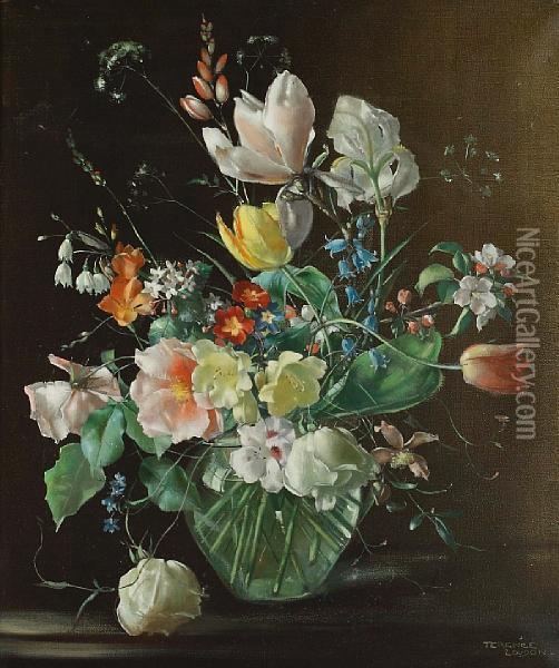 Still Life Of Flowers In A Glass Vase Oil Painting - Terence Loudon
