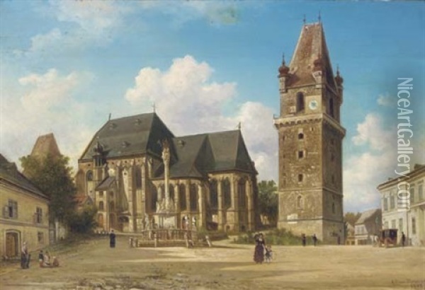 Rathhaus Perchtoldsdorf Bei Wien: Figures On A Square By A Townhall, Austria Oil Painting - Elias Pieter van Bommel