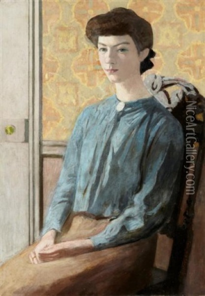 Jeune Fille Au Corsage Bleu Oil Painting - Jules Leon Flandrin