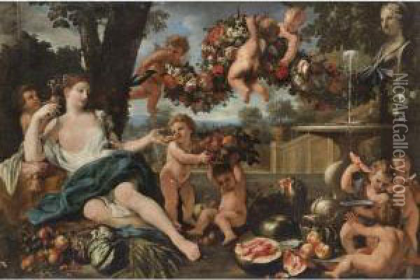 Ceres Attended By Putti, At A Fountain Oil Painting - Guglielmo Cortese Il Borgognone