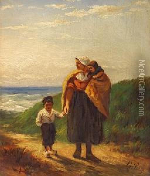 Fischerfrau Mit Kindern Am Strand Oil Painting - Albert Jurardus van Prooijen