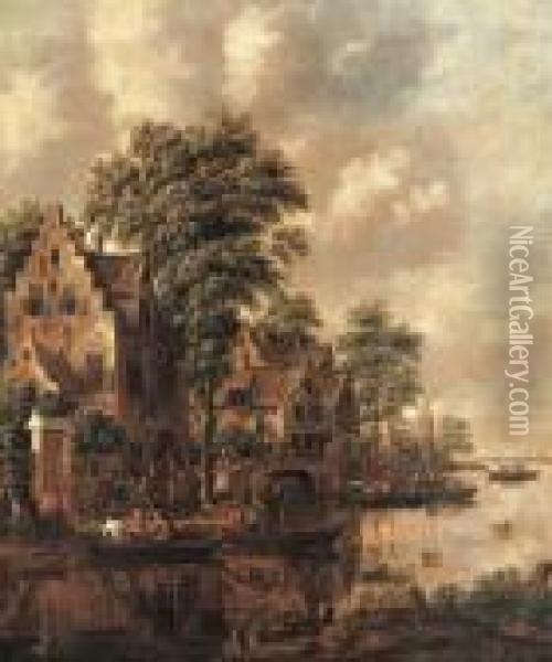 A Populated Village At The Banks Of A River Oil Painting - Thomas Heeremans
