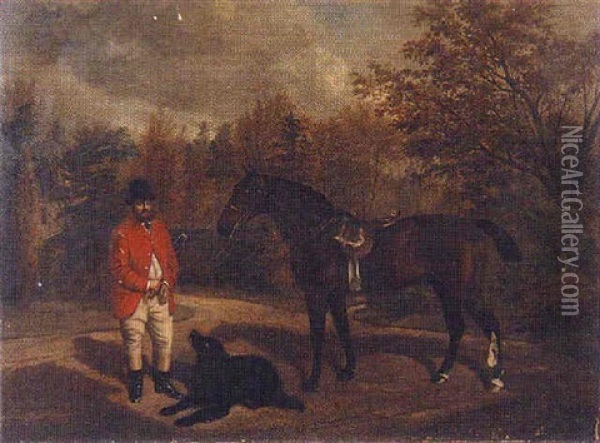 A Gentleman (a Member Of The Potter Family?) Standing With A Bay Hunter And Favourite Hound In A Garden Landscape Oil Painting - Benjamin Cam Norton