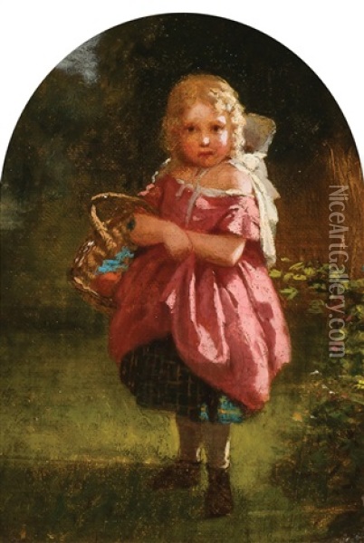 Little Girl In Pink Holding A Basket Oil Painting - John George Brown