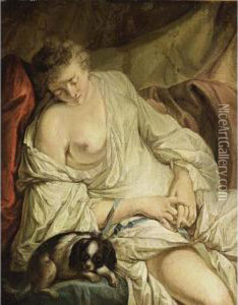 A Half-naked Lady Reclining Together With A Dog ('la Fidele Surveillante') Oil Painting - Jean-baptiste Deshays
