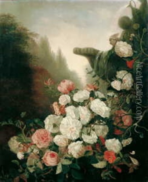 Blumenarrangement Vor Einem Brunnenbecken Oil Painting - Edmond De Koninck