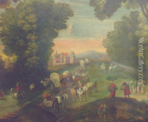 Peasants And Travellers On A Road By A Fortified Mansion Oil Painting - Jan Brueghel the Elder