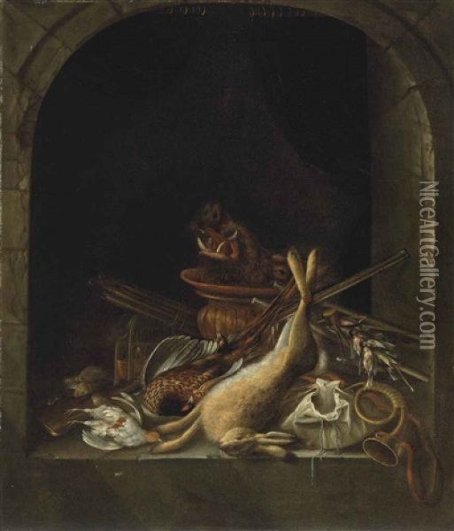A Hare, Pheasants, Partridge, The Head Of A Boar And Other Game In An Arched Stone Window, With A Hunting Horn, A Musket, Powder Kegs... Oil Painting - Jacobus Biltius