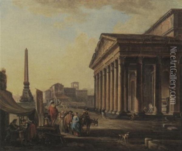 A Capriccio View Of The Pantheon With Figures Gathered Around A Medicine Man In The Foreground Oil Painting - Hubert Robert