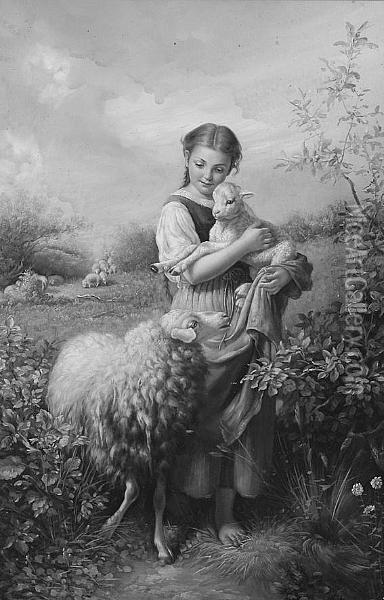 A Young Girl Holding A Lamb Oil Painting - Frederick Dielman