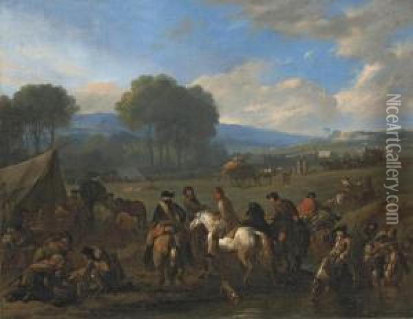 Soldiers And Horsemen Resting In A Military Encampment, In A Woodedvalley Oil Painting - Jan von Huchtenburgh