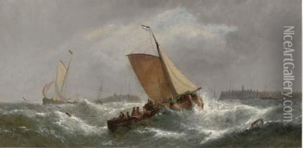 Dirty Weather - Beating Up Off The Dutch Coast Oil Painting - William Calcott Knell