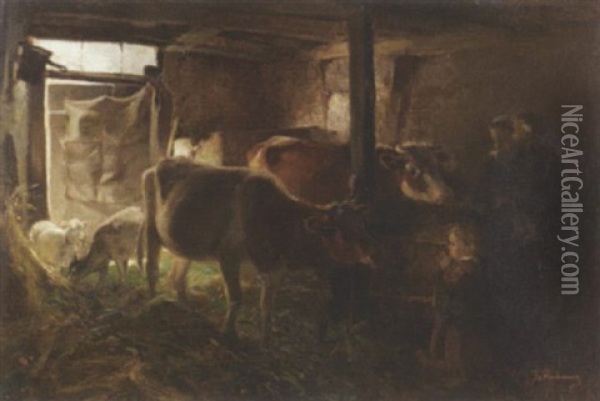 Im Stall: Bauerin Mit Ihren Kindern, Vieh Und Ziegen Im Stall Oil Painting - Gregor von Bochmann the Elder