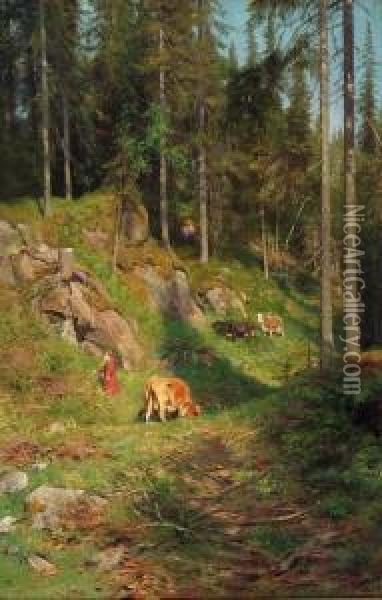 Budeie Med Kyr 1884 Oil Painting - Christian Eriksen Skredsvig