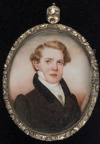 James Perriman Wearing Brown Coat With Black Velvet Collar, Cream Striped Waistcoat, White Shirt And Cravat With Jewelled Pin Oil Painting - George Catlin