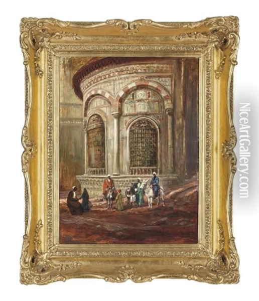 Figures And Donkeys By A Cairo Palace Oil Painting - Karoly Cserna