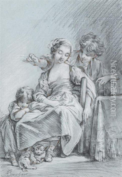 A Young Mother With A Toddler And A Young Boy At Atable Oil Painting - Francois Boucher