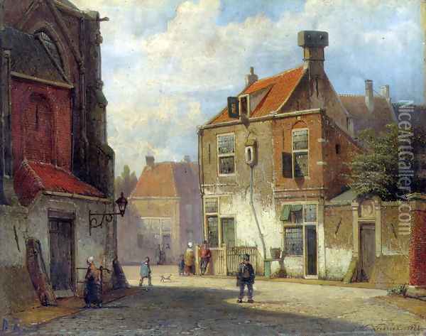 Figures in a Dutch Street I Oil Painting - Willem Koekkoek