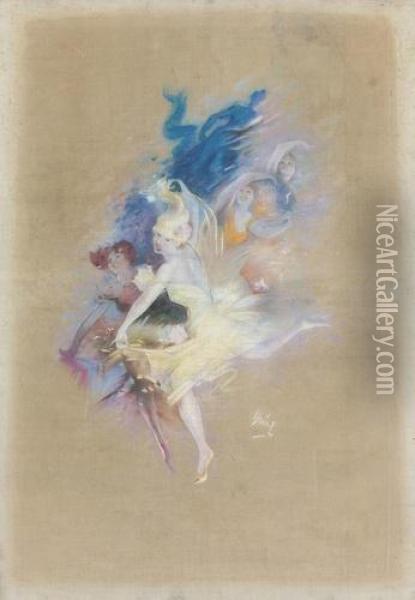 Vier Tanzerinnen In Bunten Gewandern. Oil Painting - Jules Cheret