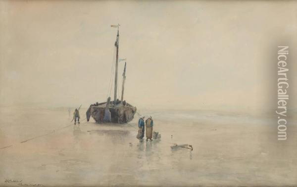 Barque De Peche Echouee A Blankenberge Oil Painting - Hendrick, Henri Cassiers