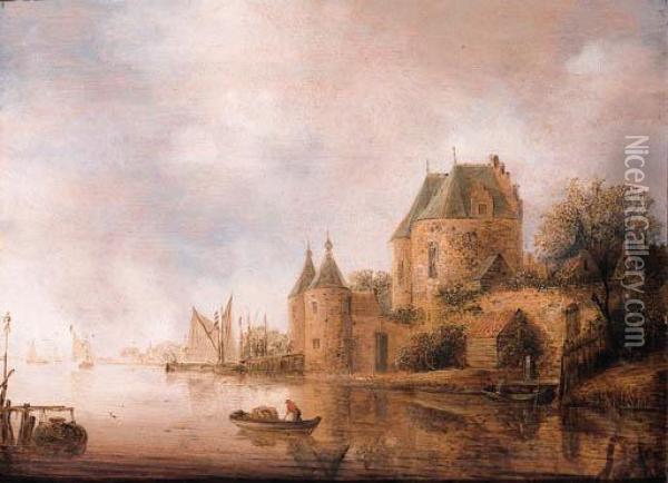 A View Of The St. Janspoort, Haarlem, With A Fisherman In A Rowingboat Nearby Oil Painting - Wouter Knijff