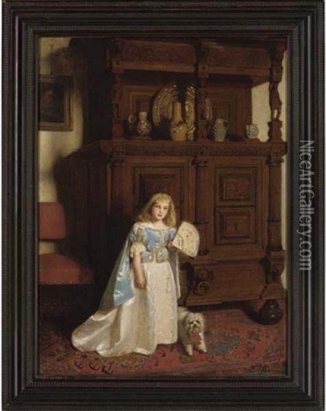 Portrait Of A Girl Holding A Fan, A Dog By Her Side Oil Painting - William Baxter Collier Fyfe
