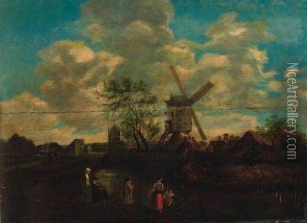 Peasants In A River Landscape, A Windmill Beyond Oil Painting - Claes Hals
