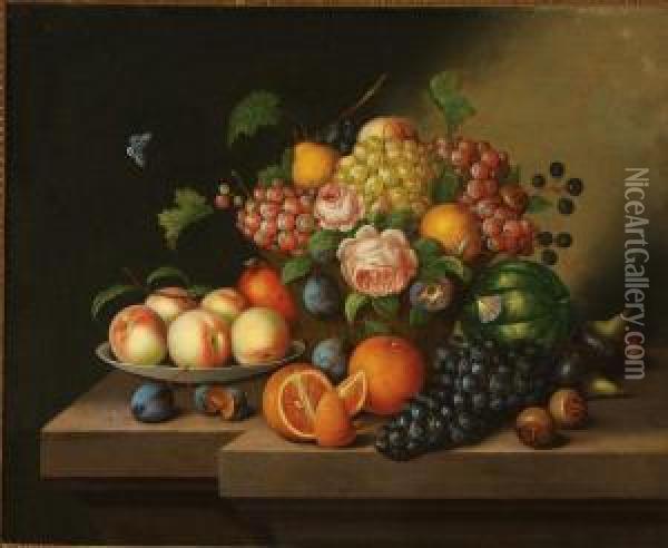 Fruit Still Life With Butterfly Oil Painting - Georg Seitz