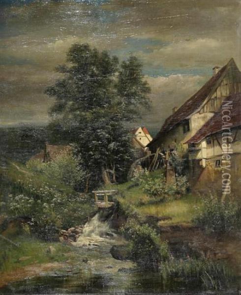 Landschaft Mit Wassermuhle In Oberfranken Oil Painting - Max Merker